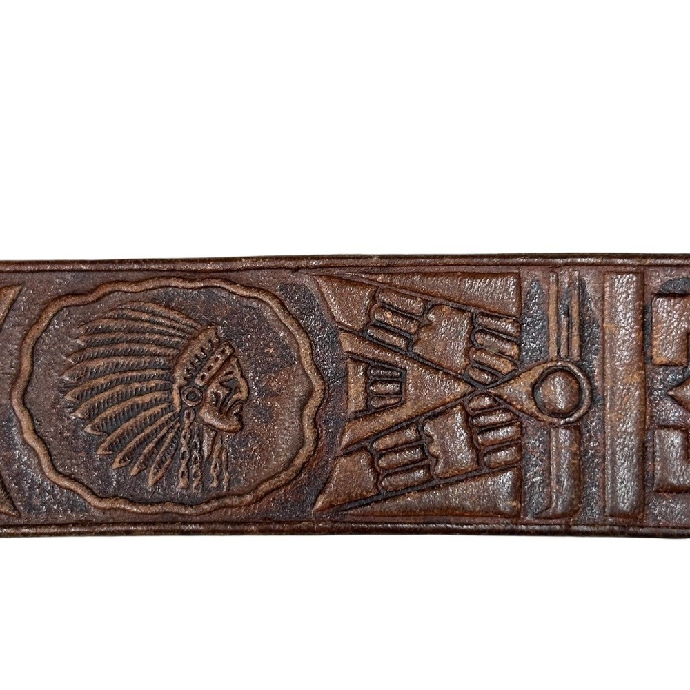 Western Men's Leather Tooled American Indian‎ Headdress Detail No Buckle Belt - Picture 2 of 13